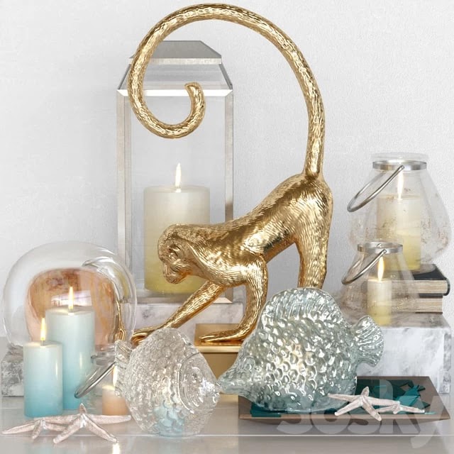 Decorative set 22. Lamp, candlestick, candle, figurine, books, coral, starfish