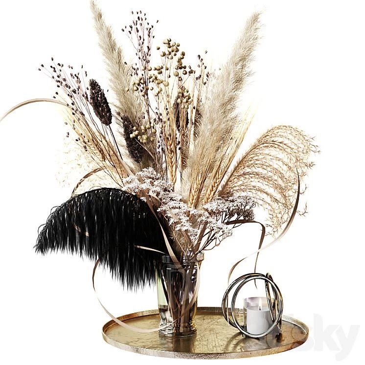 Bouquet of dried flowers with a black feather