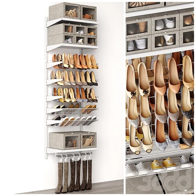 Shoe rack in a shoe cabinet. Set of shoes. Shelf filling