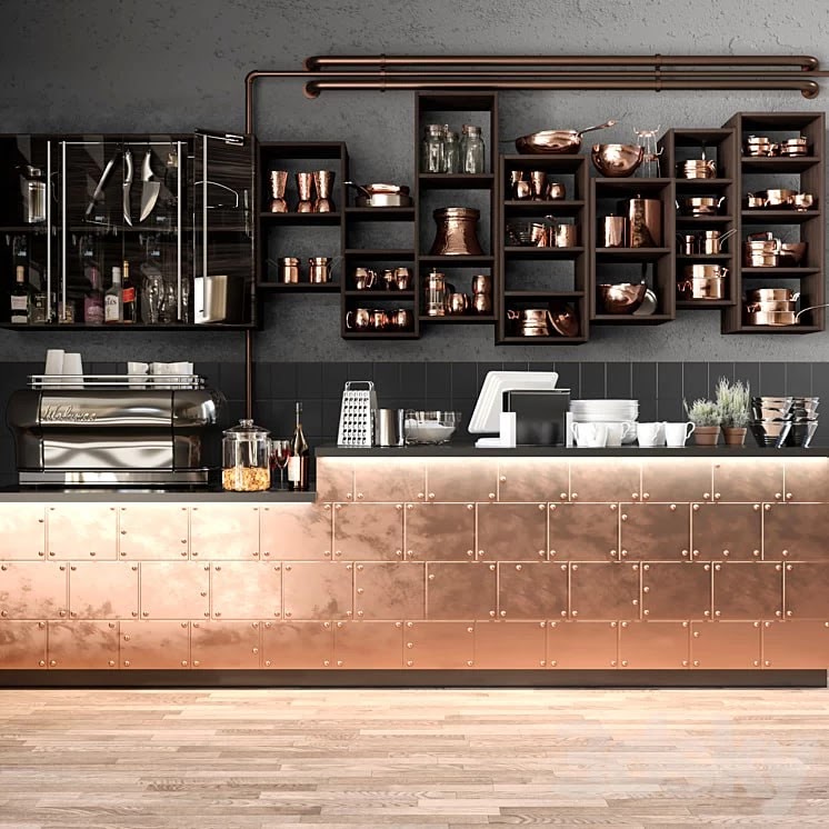 The bar counter in the restaurant with a copper decor and a coffee machine. Tableware