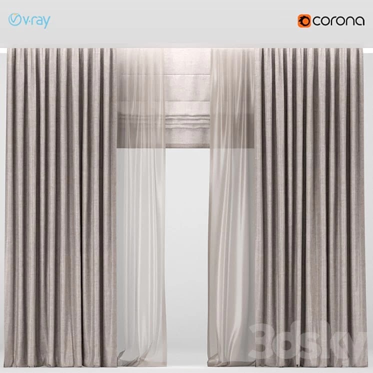 Brown curtains with brown tulle + Roman blinds.