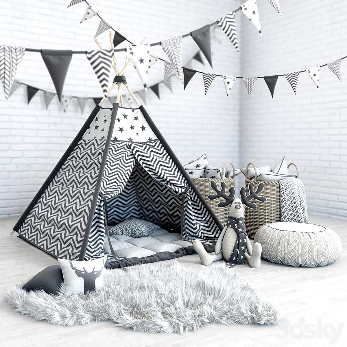 Wigwam with a mattress, pillows, fur skins, baskets, flags and deer