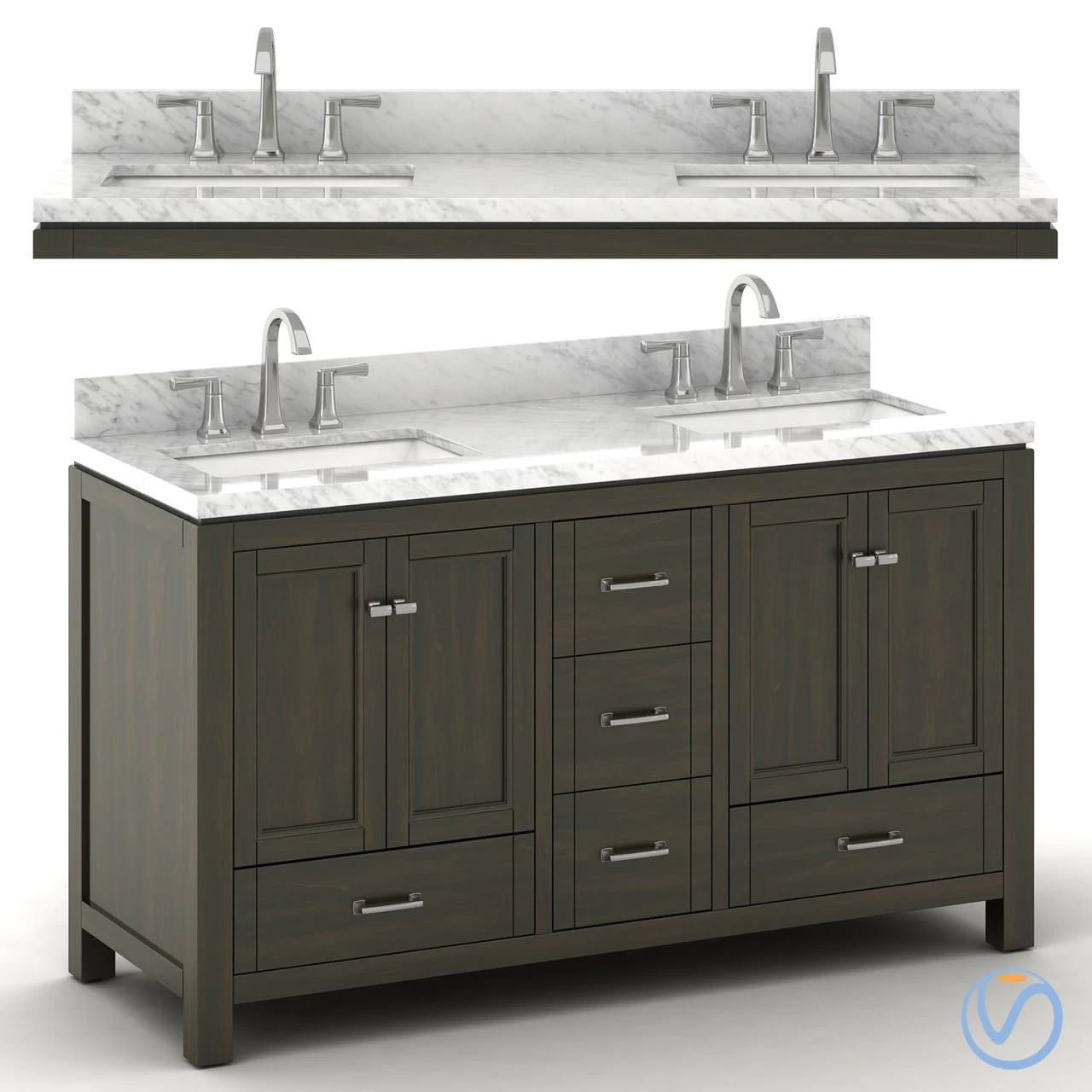 Double sink wooden vanity with Carrara marble top
