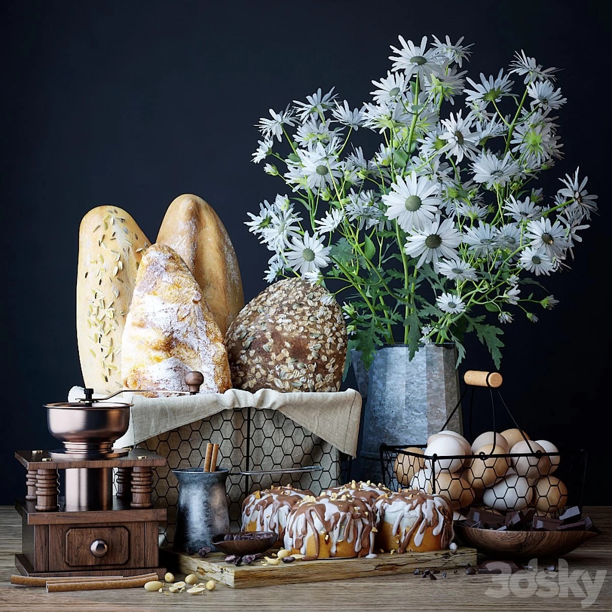 Kitchen set with bread and cinnapons