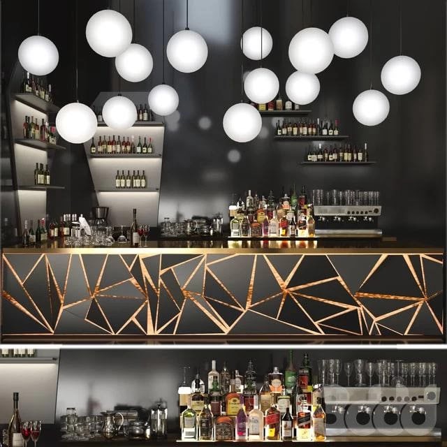 A bar counter with a beautiful backlight and a collection of alcohol. Restaurant