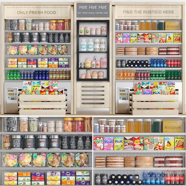 Grocery showcase in a supermarket in ethnic style with drinks and groceries