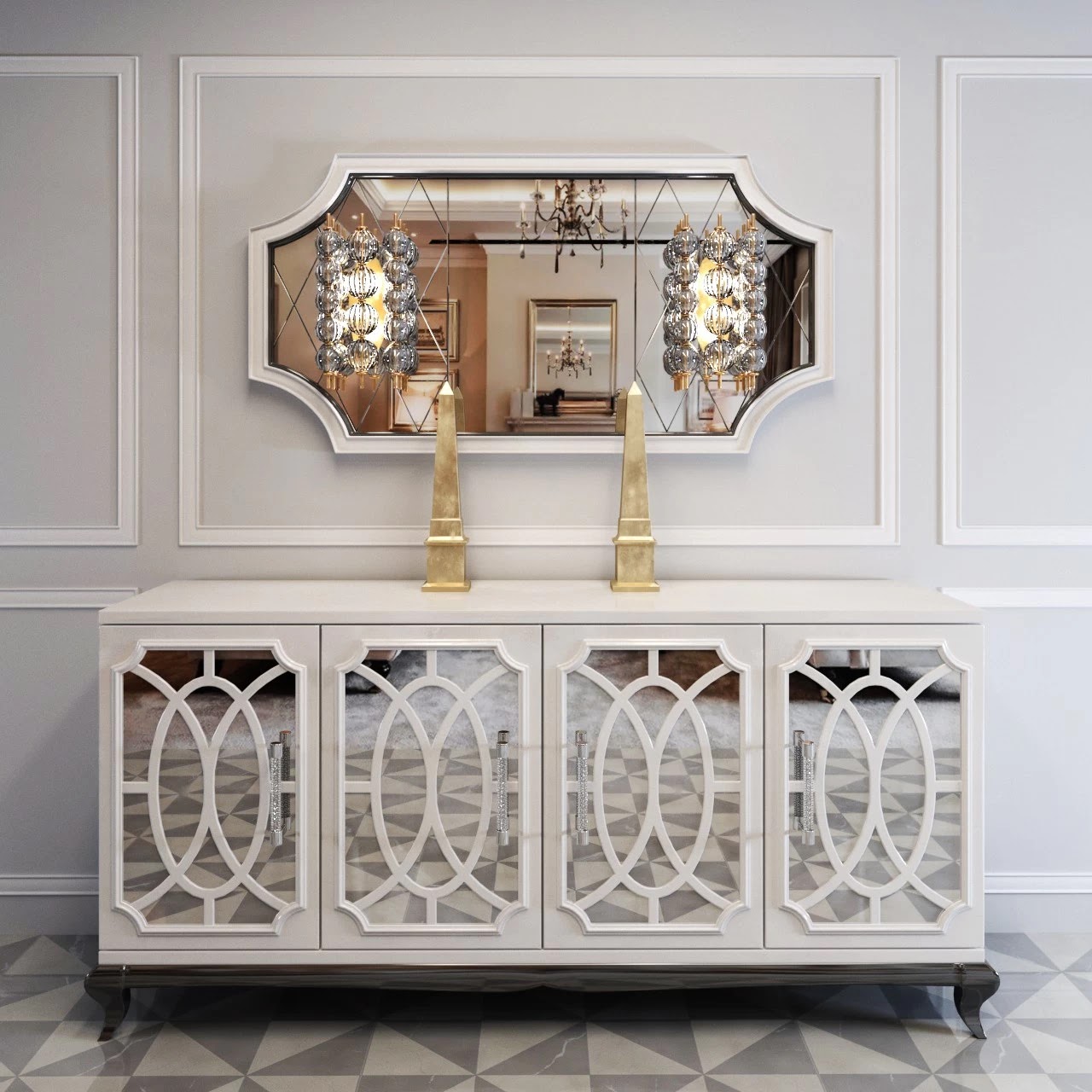 High End Italian White Fretwork Mirrored Sideboard