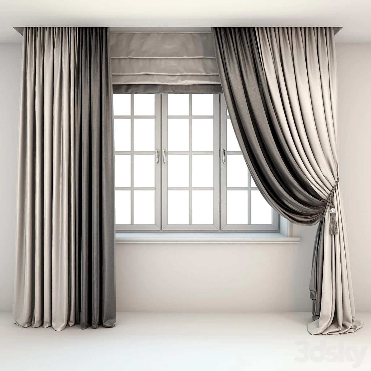 Two-color curtains the floor is straight and with a pick-up brush, Roman curtains and a window