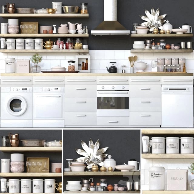 Kitchen. Kitchen design project, kitchen appliances, dishwasher, washing machine, oven, extractor hood, dishes, decor