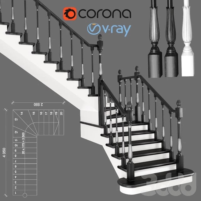 Corner staircase with zaubezhnymi steps, 3 colors