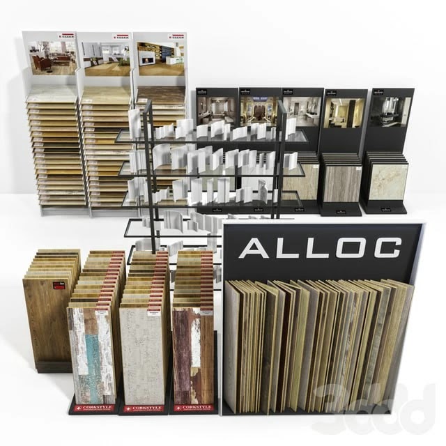 Exhibition stands with samples of laminate, porcelain stoneware, stucco