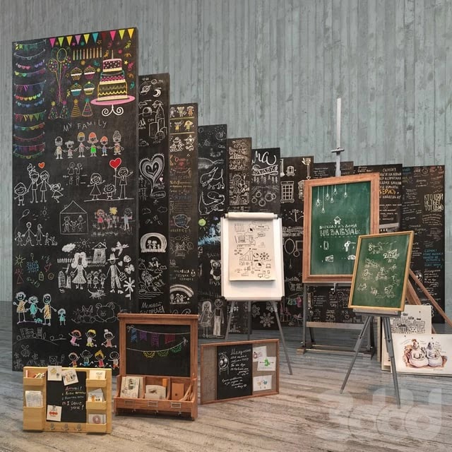 A set for creating slate surfaces with images of chalk