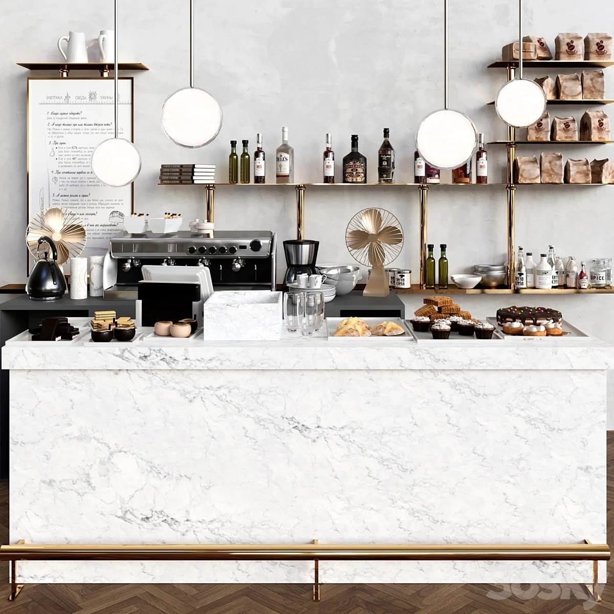 Pro 3dsky | A modern cafe with a marble counter and desserts. Coffee house, cake | Corona