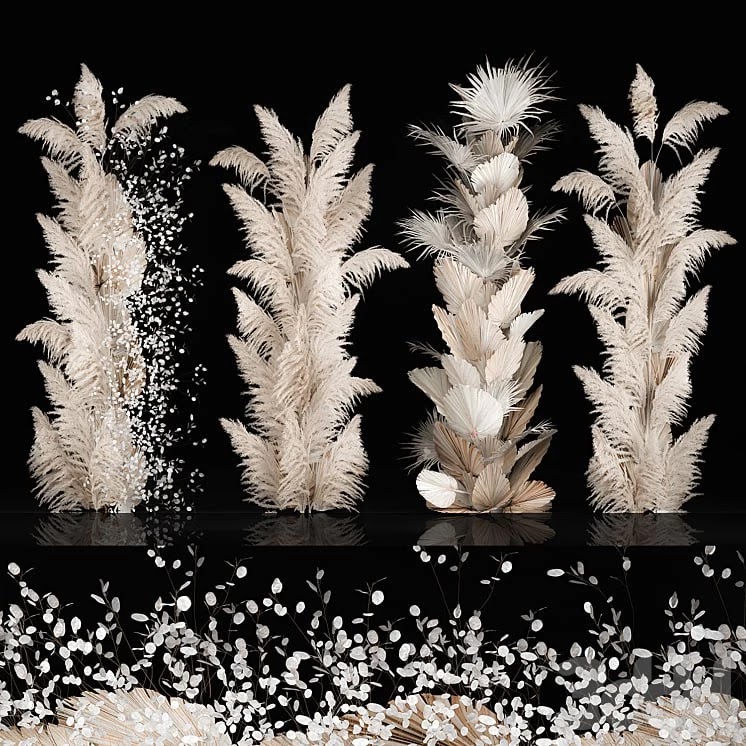 Eco-style wedding decorations made of columns of dried flowers and pampas grass, Cortaderia, cranberry, dry, palm branch for decoration of celebrations. Bouquet 289.