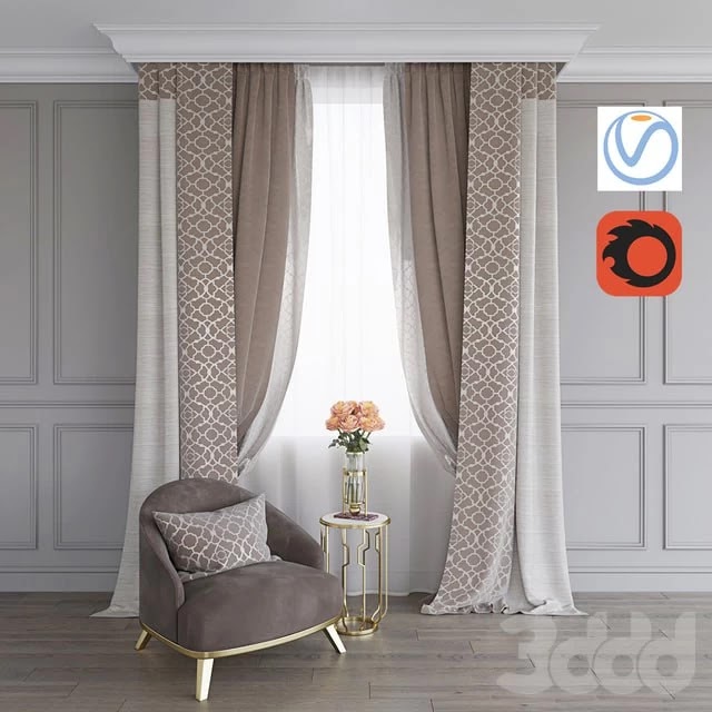 A curtain, an armchair and a table with roses (Vray + Corona))