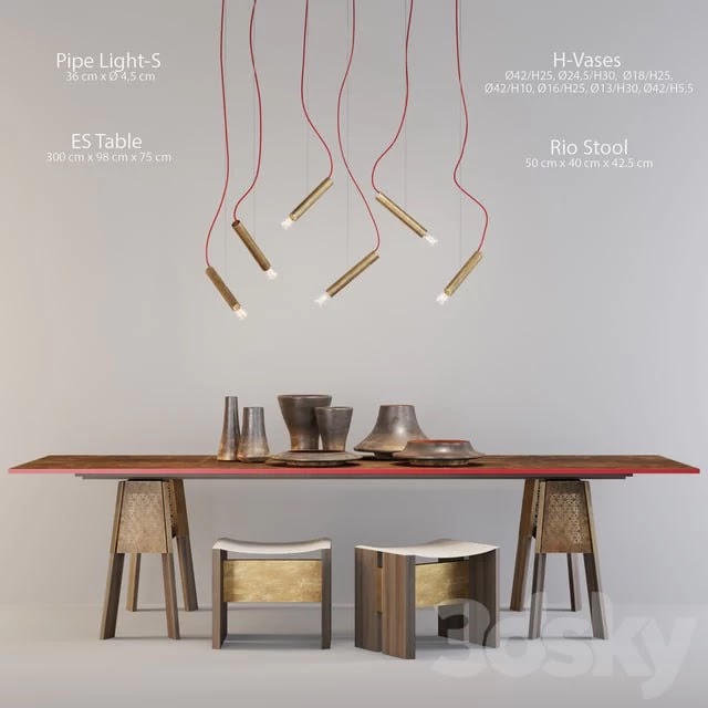 HENGE ES Table, Rio Stool, Pipe Light-S, H-Vases