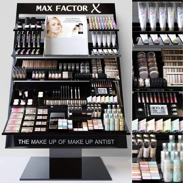 Showcase with professional cosmetics for beauty salons or duty free. Make up